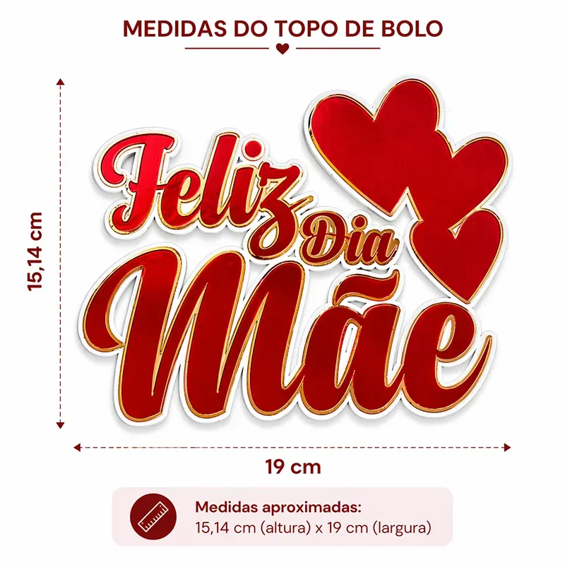 Topo de Bolo Dia das Mães 3D Vermelho com Corações Personalizado - Imagem 2
