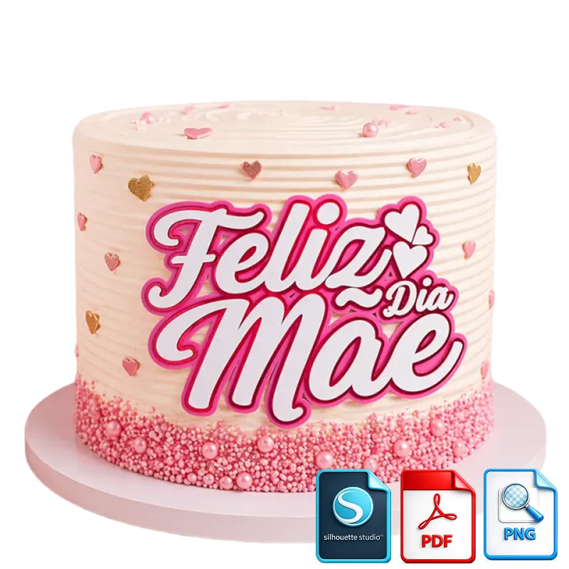 Topo de Bolo Dia das Mães 3D Personalizado Rosa com Corações colado no bolo