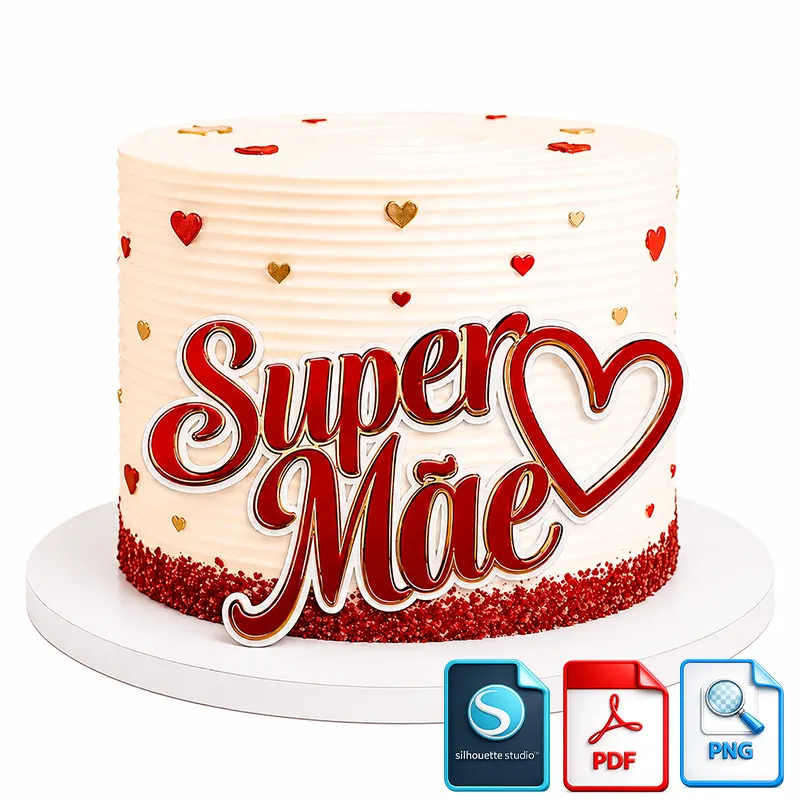 Arquivo Topo de Bolo Super Mãe 3D Vermelho com Coração